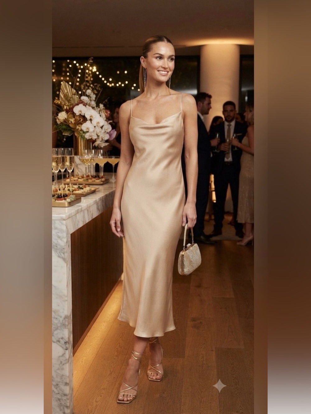 Show Me Your MuMu Satin Slip Midi Dress in Champagne